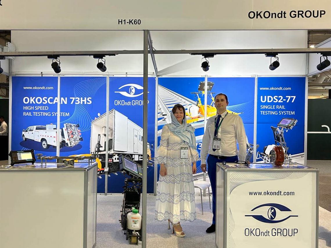 OKOndt GROUP booth at Saudi International Rail 2025 in Riyadh Front Exhibition & Conference Center, showcasing advanced NDT equipment for rail inspection