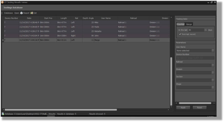 Program for reviewing the testing results of the eddy current single rail flaw detector ETS2-77